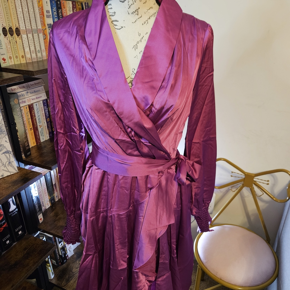 Fate Satiny Wrap Mini Dress in Magenta